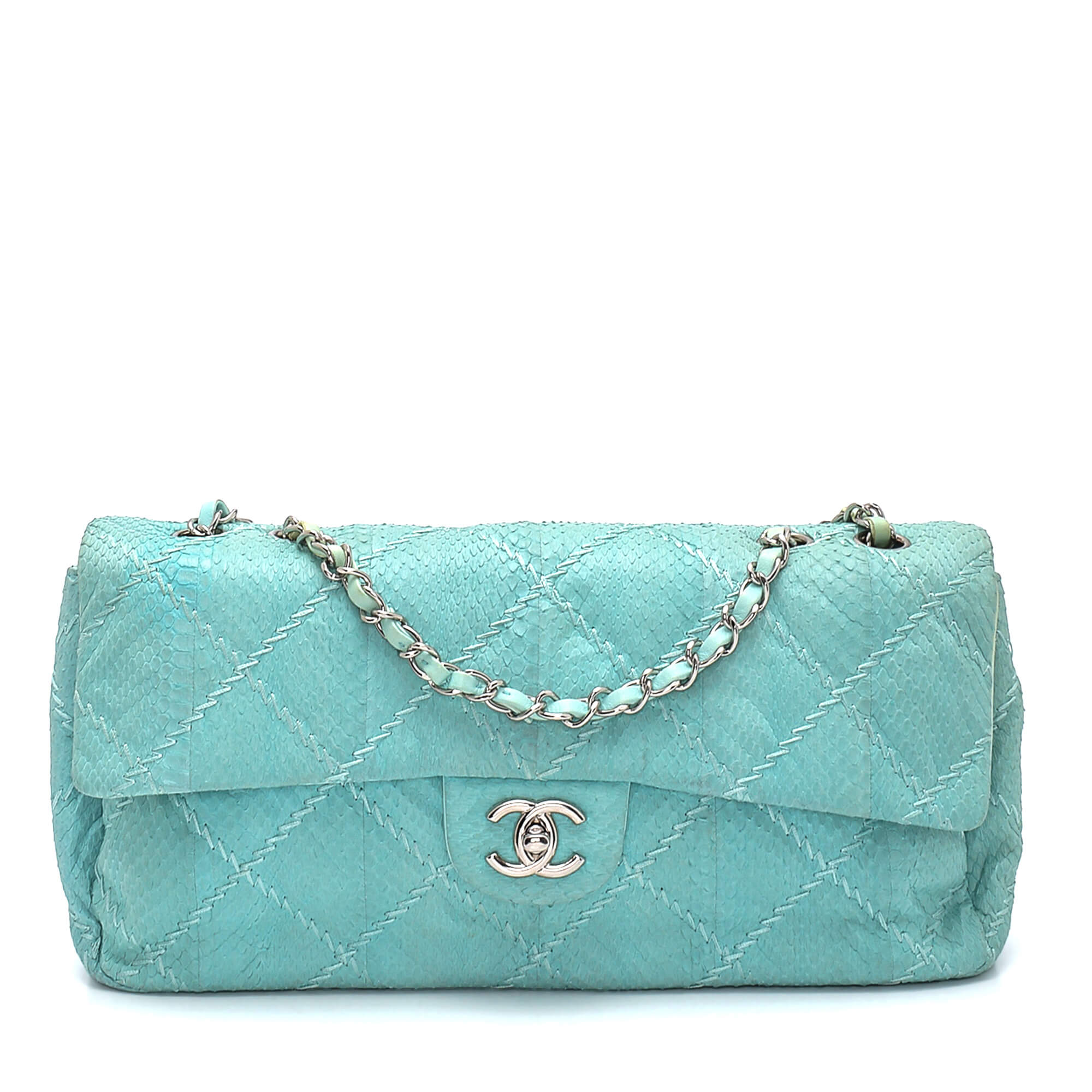 Chanel - Nile Green Python Leather East West Classic Flap Bag 